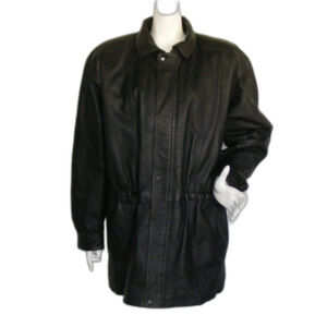 4U Black Leather Jacket, M, Cinch Waist, Zipper/Flap, Thigh length, No liner